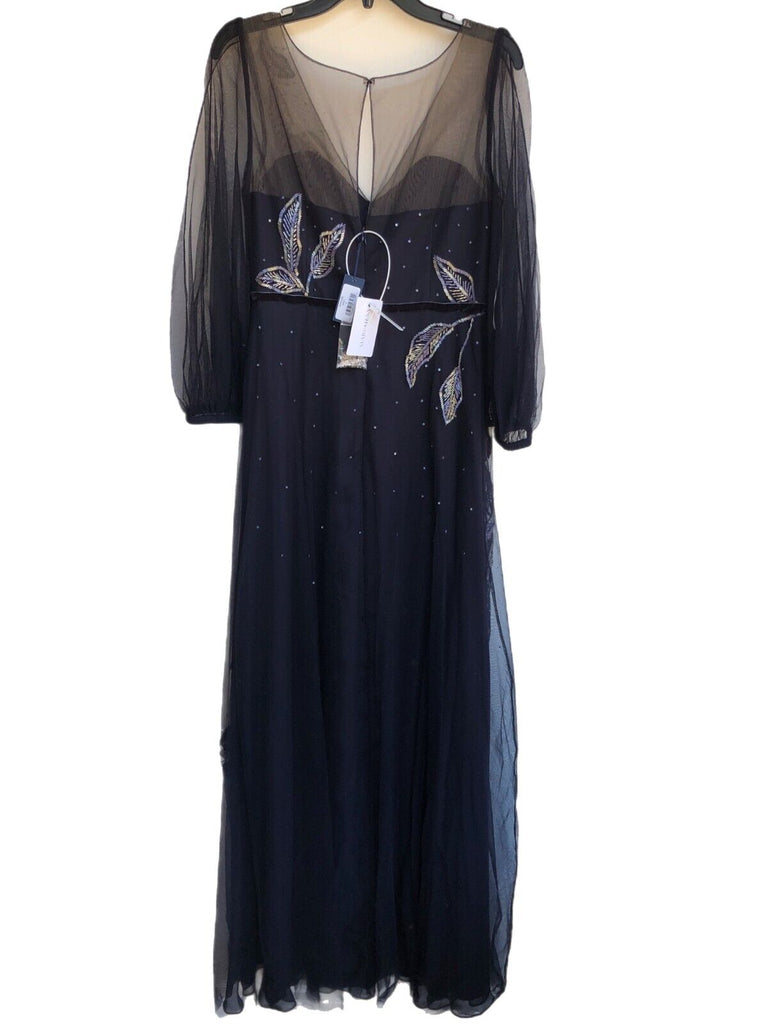 MARCHESA NOTTE NWT Navy Metallic Beaded Floral Print Tulle Maxi Dress Gown 4