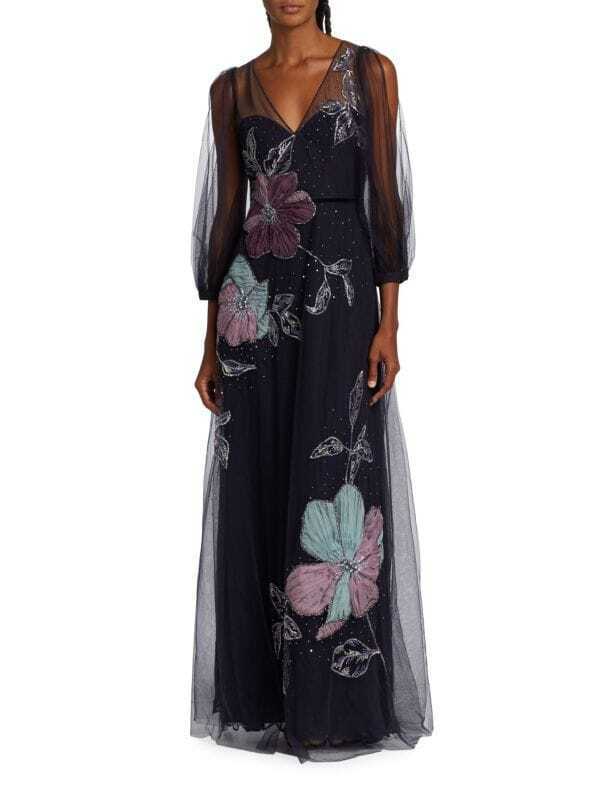 MARCHESA NOTTE NWT Navy Metallic Beaded Floral Print Tulle Maxi Dress Gown 4