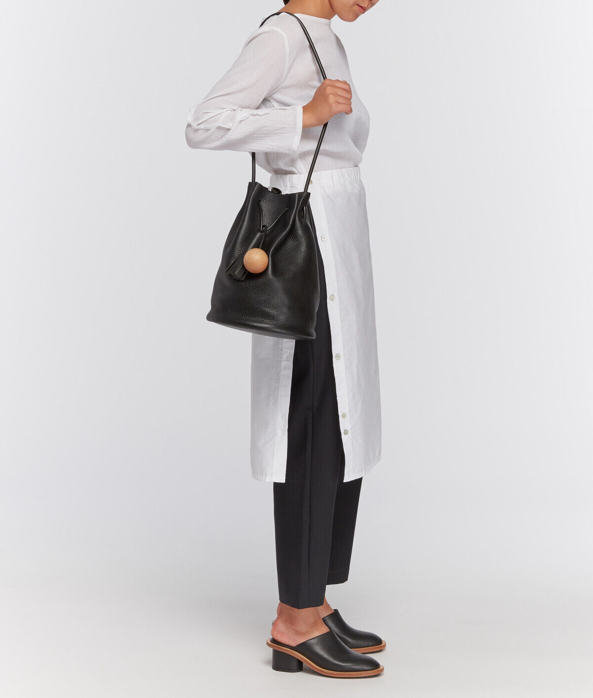 BUILDING BLOCK Black Leather Wood Ball Circle Tassel Bucket Shoulder Bag Purse