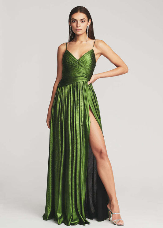RETROFETE Doss Lime Metallic Green Pleated V Neck Sleeveless Maxi Dress Gown XL