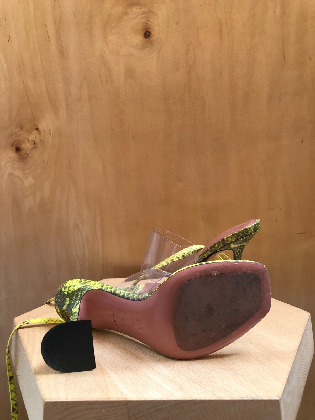 AMINA MUADDI Zula Yellow Lime Watersnake Snakeskin Clear Strappy Heel Sandal 36
