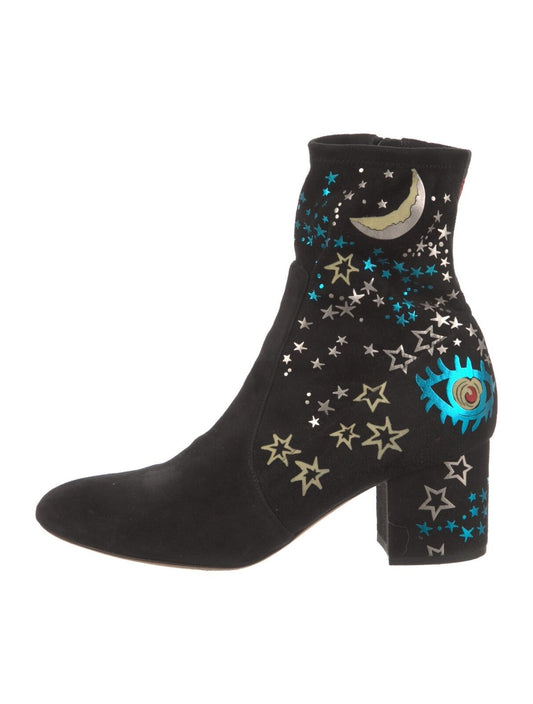 VALENTINO Black Suede Leather Star Planet Print Ankle Sock Block Heel Boot 37