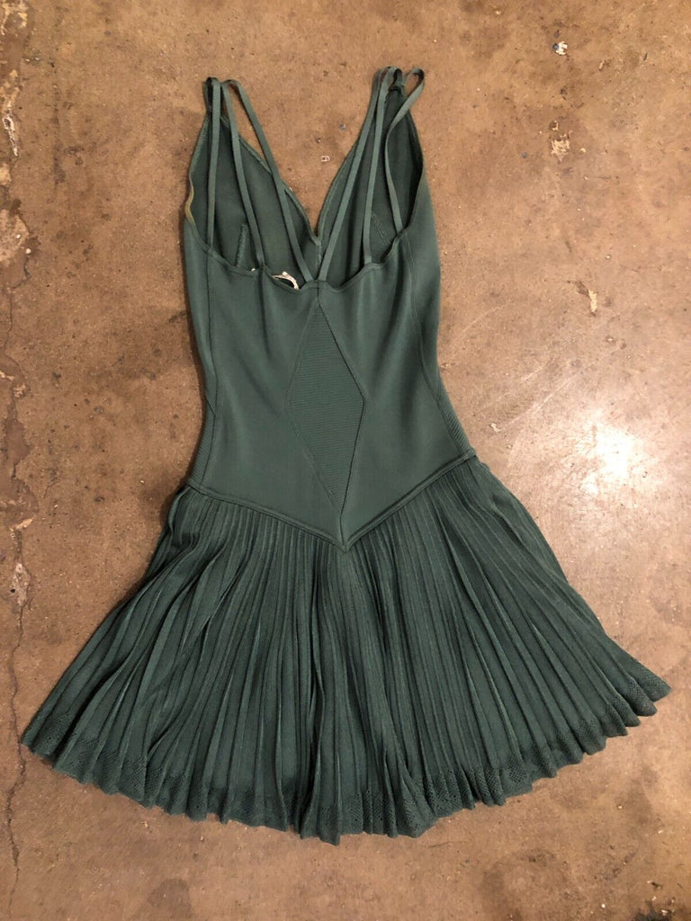 ALAIA Vtg 90s Green Pointelle Drop Waist Knit Pleated A-Line Sleeveless Dress M