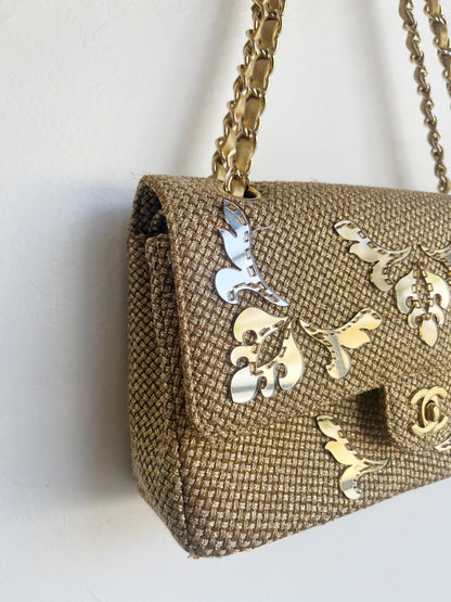 GOLD EMBELLISHED RAFFIA DOUBLE FLAP BAG