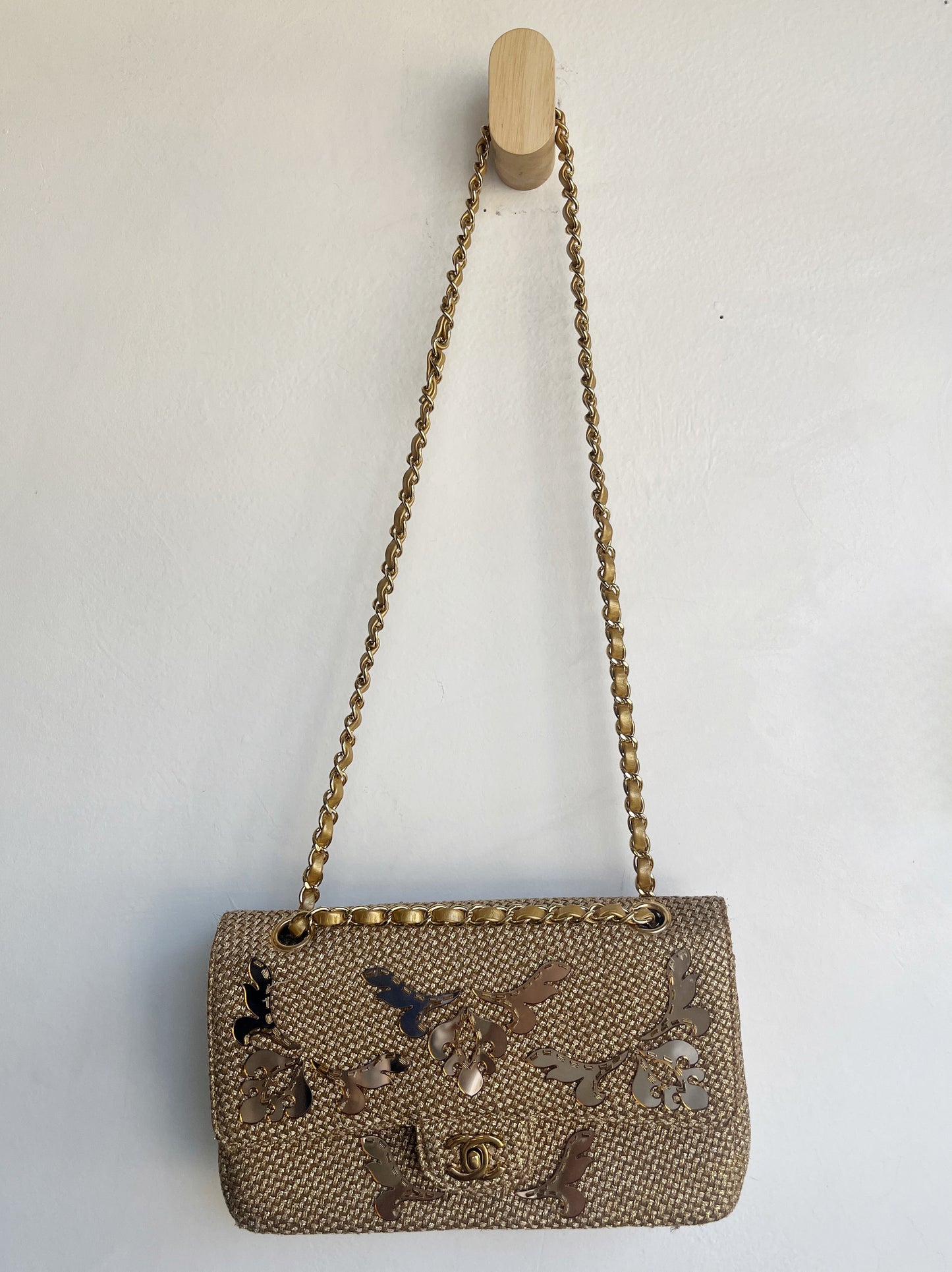 GOLD EMBELLISHED RAFFIA DOUBLE FLAP BAG