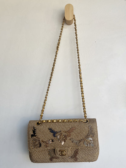 GOLD EMBELLISHED RAFFIA DOUBLE FLAP BAG