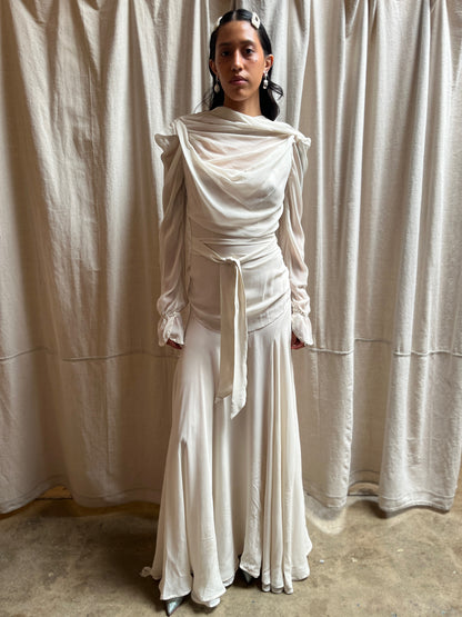 IVORY SILK DRAPED GOWN