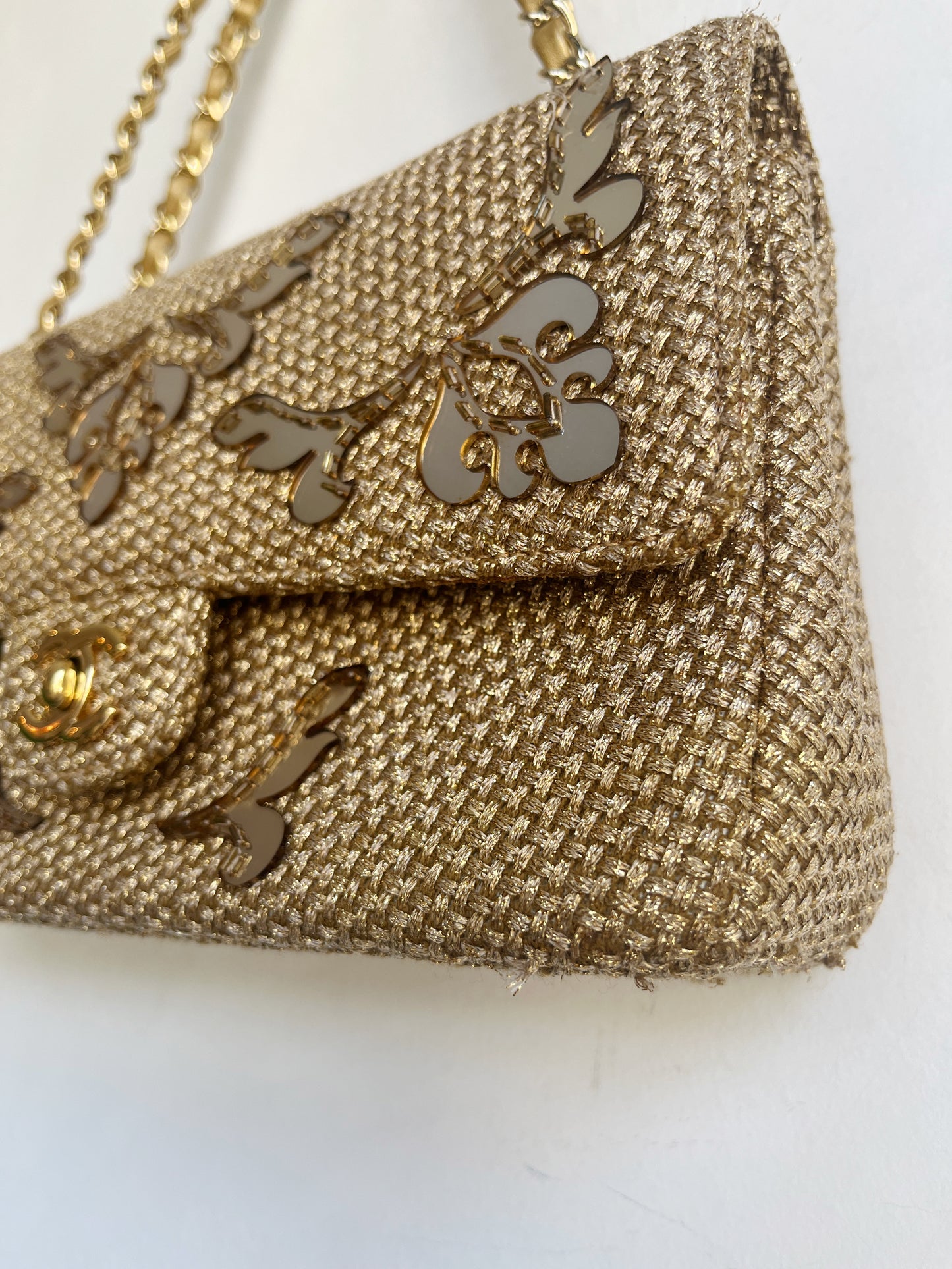 GOLD EMBELLISHED RAFFIA DOUBLE FLAP BAG