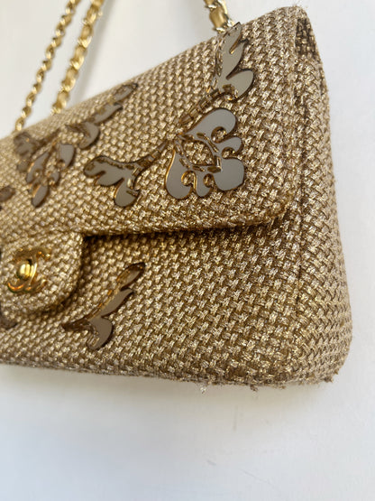GOLD EMBELLISHED RAFFIA DOUBLE FLAP BAG