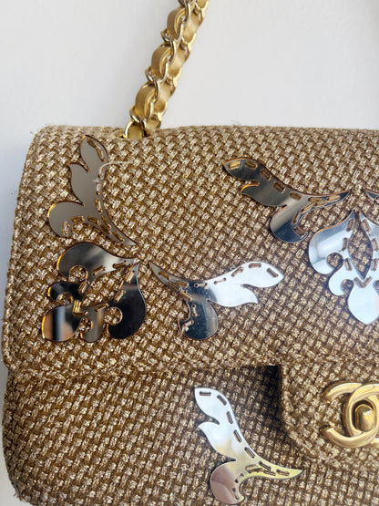 GOLD EMBELLISHED RAFFIA DOUBLE FLAP BAG