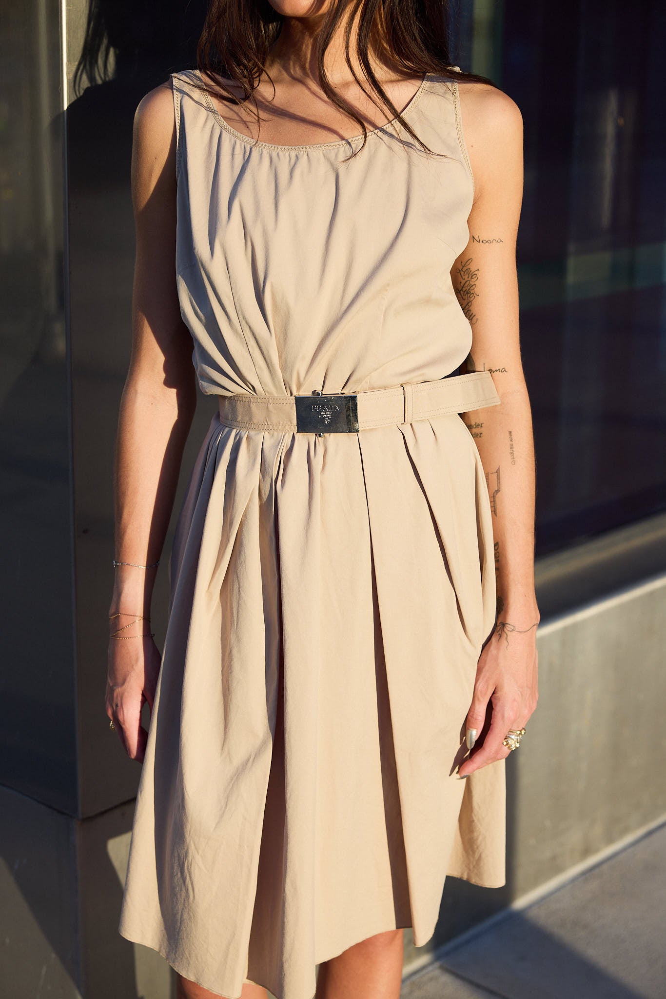 PRADA KHAKI BELTED DRESS