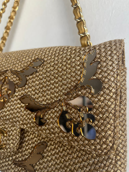 GOLD EMBELLISHED RAFFIA DOUBLE FLAP BAG
