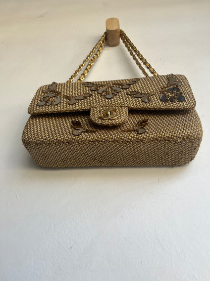 GOLD EMBELLISHED RAFFIA DOUBLE FLAP BAG