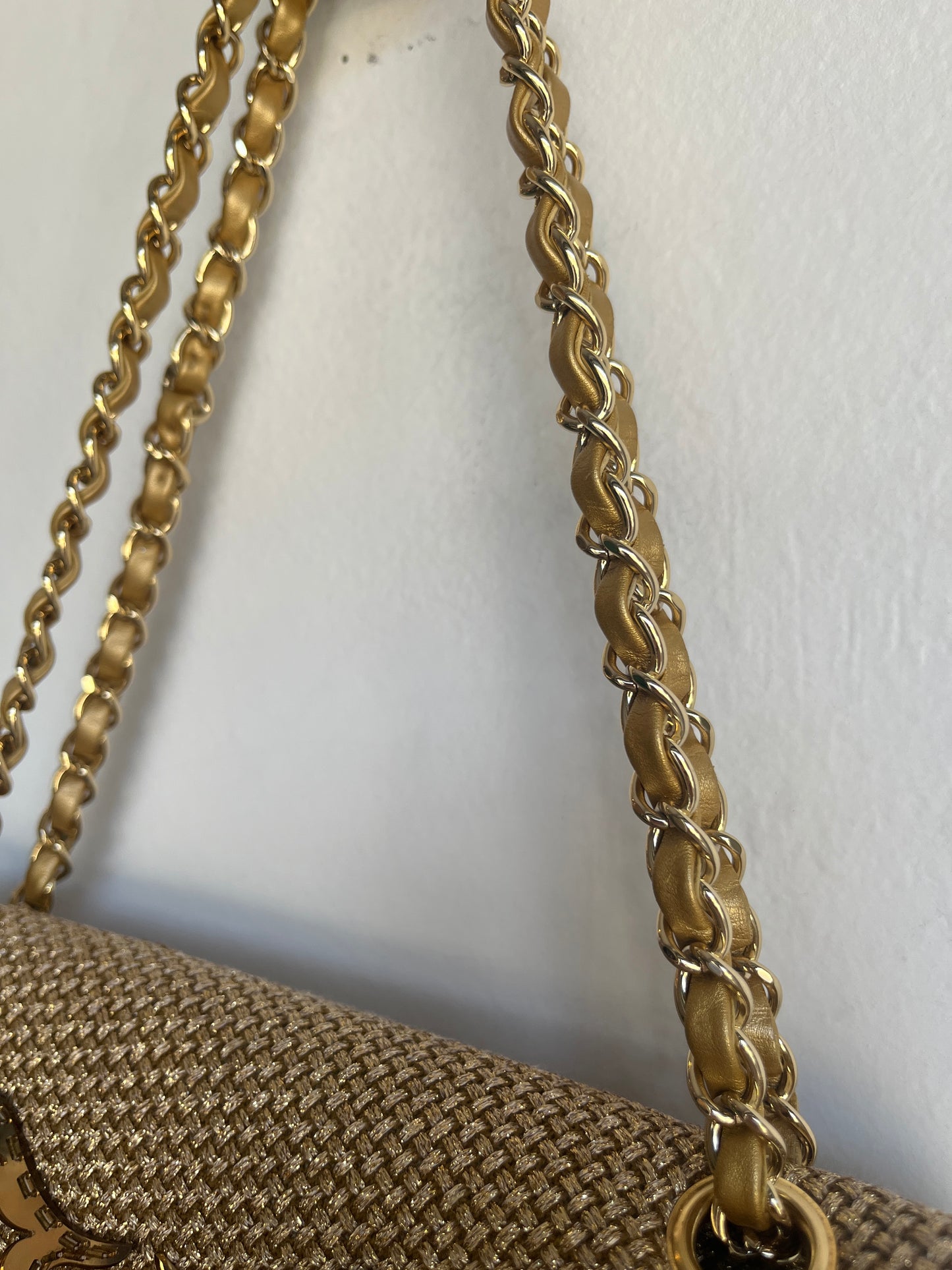 GOLD EMBELLISHED RAFFIA DOUBLE FLAP BAG