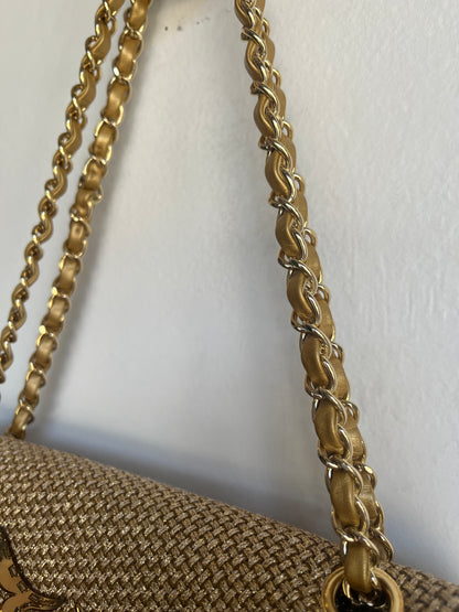 GOLD EMBELLISHED RAFFIA DOUBLE FLAP BAG