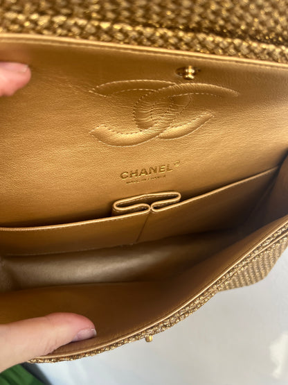 GOLD EMBELLISHED RAFFIA DOUBLE FLAP BAG