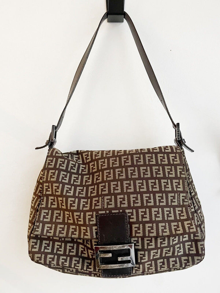 Rare Vintage FENDI Logo Baguette Women's Hand Bag Purse Brown Canvas  Leather