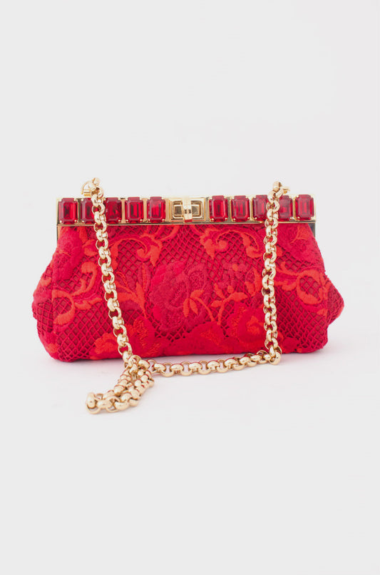 RICAMO POCHETTE RED LACE CLUTCH