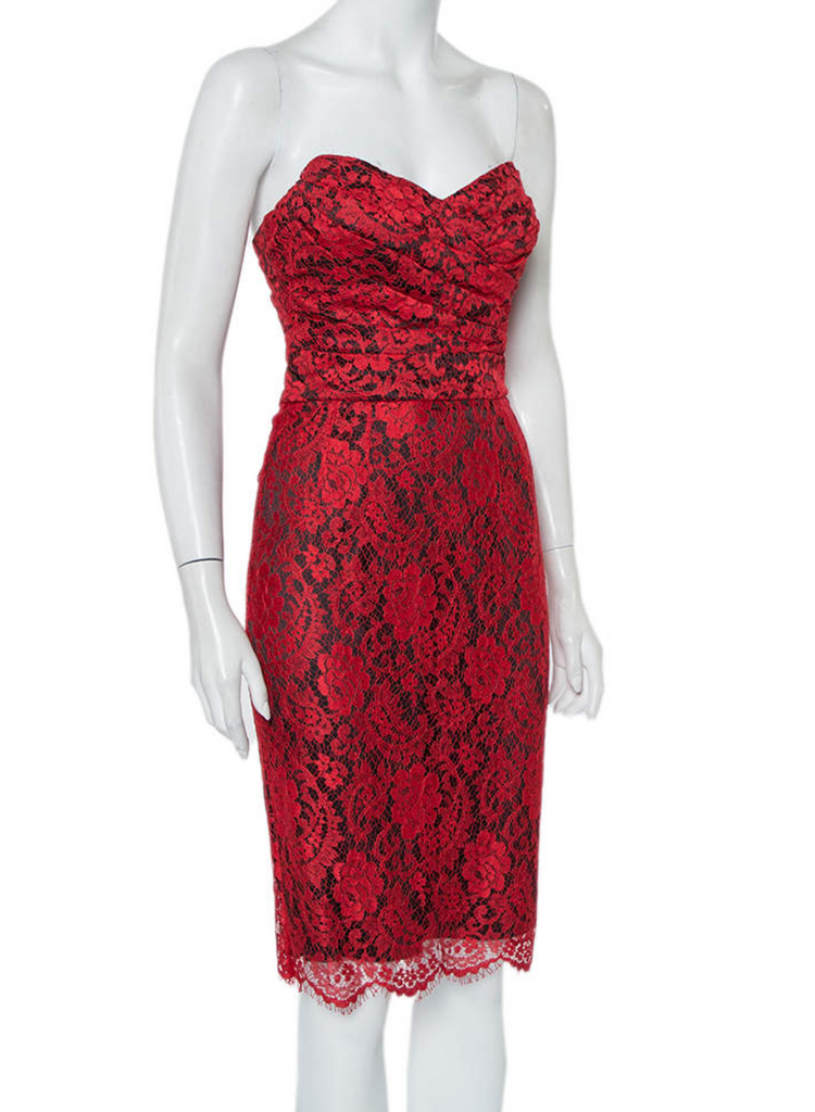 DOLCE & GABBANA Red Floral Print Lace Draped Strapless Mini Knee Length Dress S