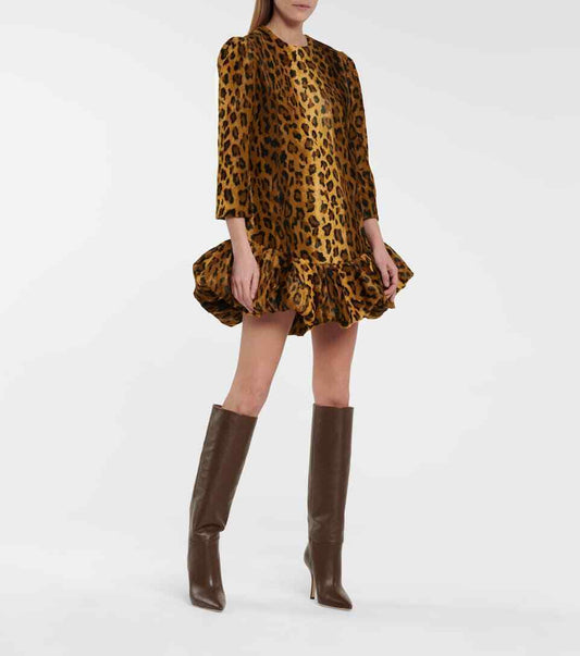 KHAITE Lorie Brown Cheetah Animal Leopard Print Velvet Long Sleeve Mini Dress 4