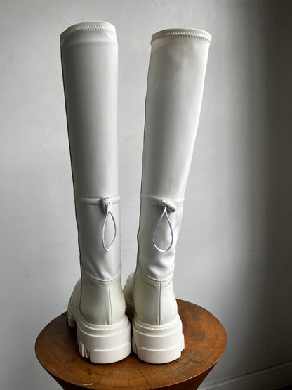GIA BORGHINI Gia 12 White Ivory Leather Fabric Knee Thigh High Platform Boots 38
