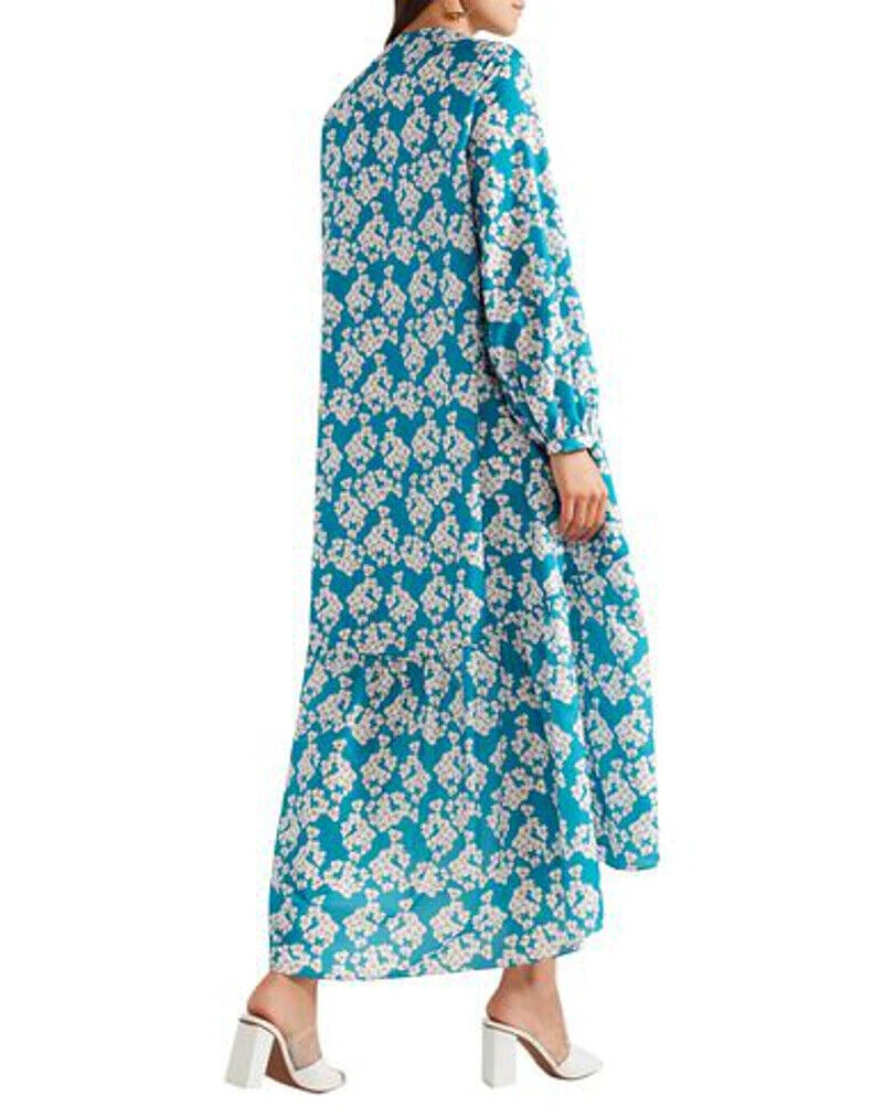 BORGO DE NOR Beatrice Blue Teal Floral Print Asymmetric Tier Midi Maxi Dress 8/4