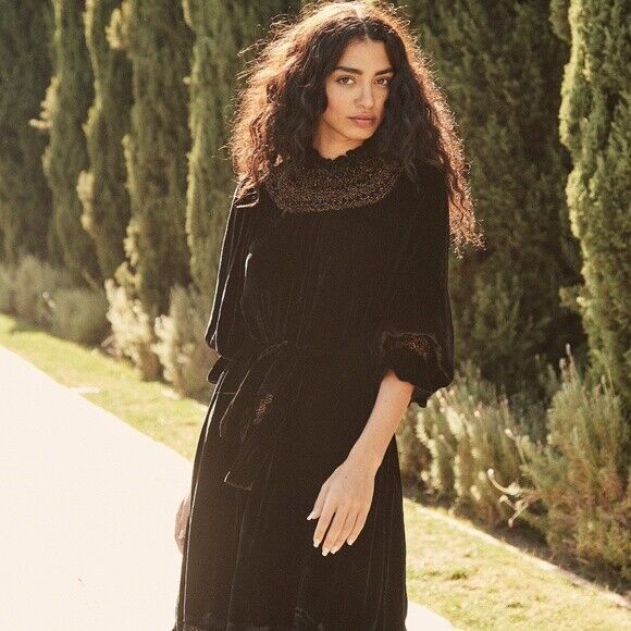 DOEN Viviana Black Velvet Smocked Belted Long Sleeve Midi Maxi Long Dress XS