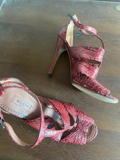 ALAIA Cerise Red Snakeskin Animal Print TStrap Strappy Sandal Heel 6.5/7/37