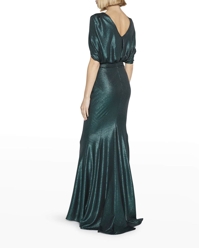 TALBOT RUNHOF $2200 Emerald Green Metallic Mirrorball Capelet Maxi Gown Dress 2