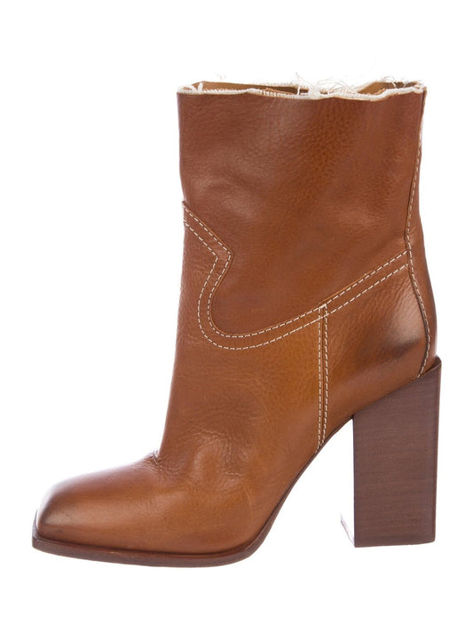 SAINT LAURENT Jodie Tan Camel Raw Edge Cut Off Ankle Calf Heel Ankle Boot 37.5