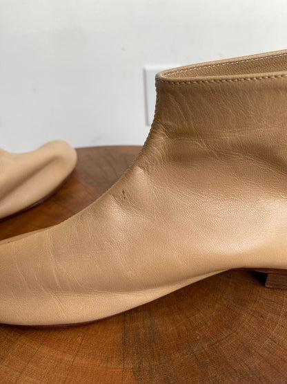 MARTINIANO Leone Beige Brown Leather Round Toe Ankle Low Cut Flat Boot 35.5