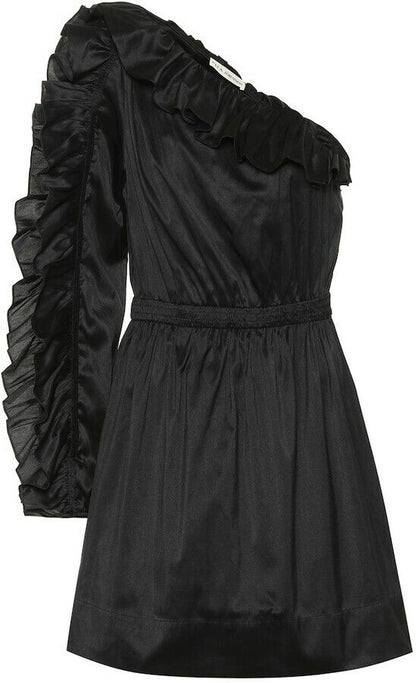 ULLA JOHNSON Black Falaise Ruffled One Shoulder Silk Satin Taffeta Mini Dress 2