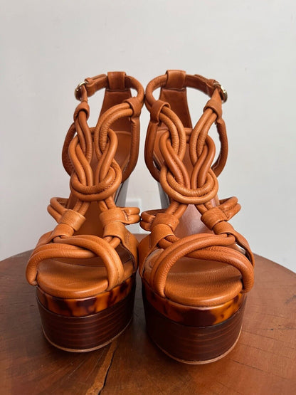GUCCI Brown Camel Leather Kotao Knot Strappy Tortoiseshell Sandal Wedge Heel 37