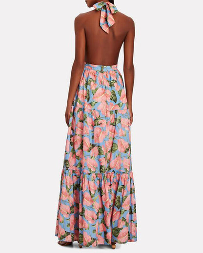 AGUA BY AGUA BENDITA Naranja Anturios Blue Pink Floral Print Halter Maxi Dress S