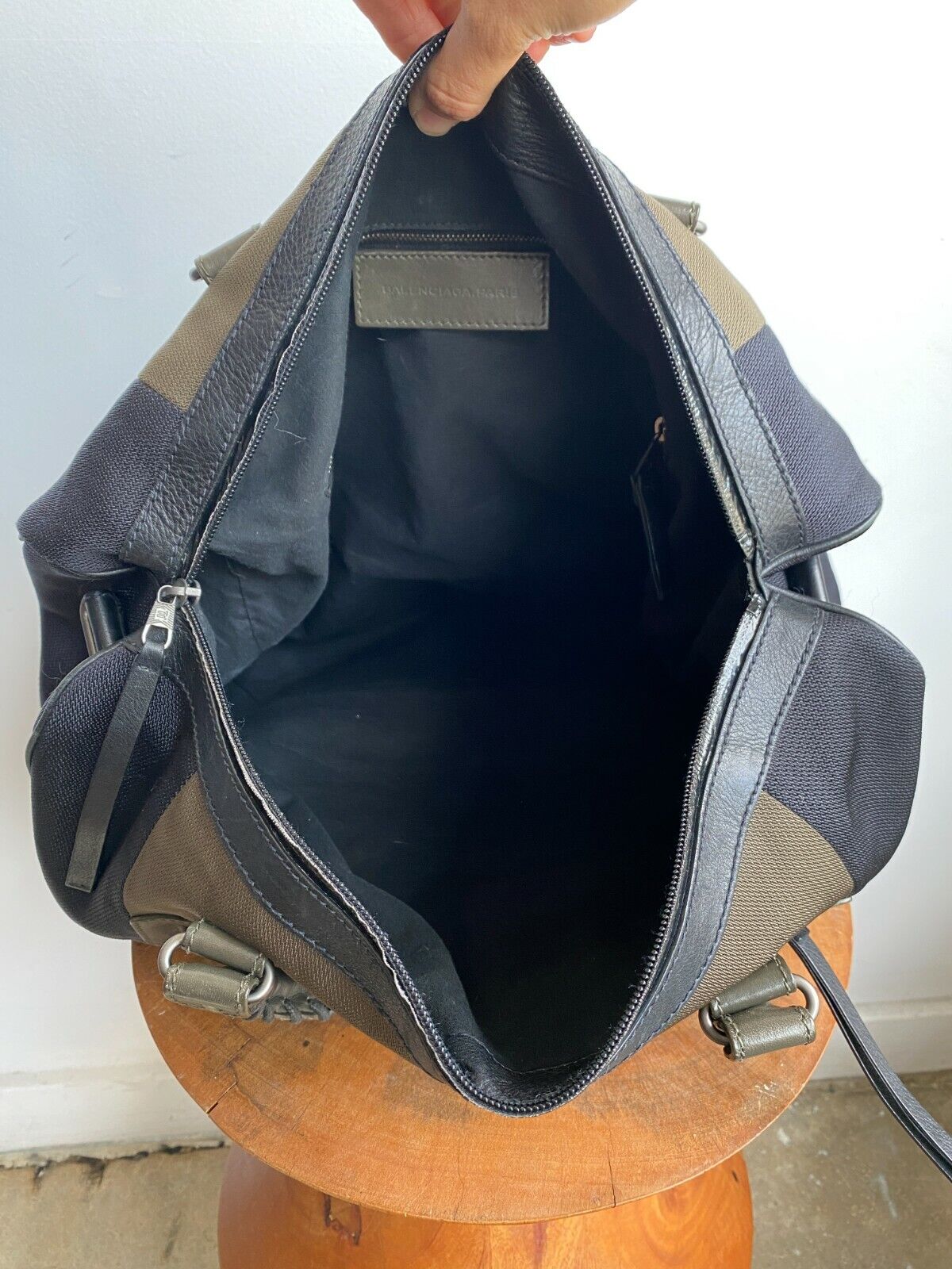 BALECIAGA Black Green Leather Handle Canvas Nylon Large Briefcase Duffel Gym Bag