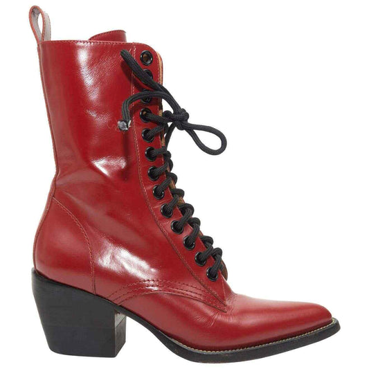 CHLOE Rylee Red Patent Leather Pointed Cuban Heel Lace Up Ankle Boots 36/6/5.5
