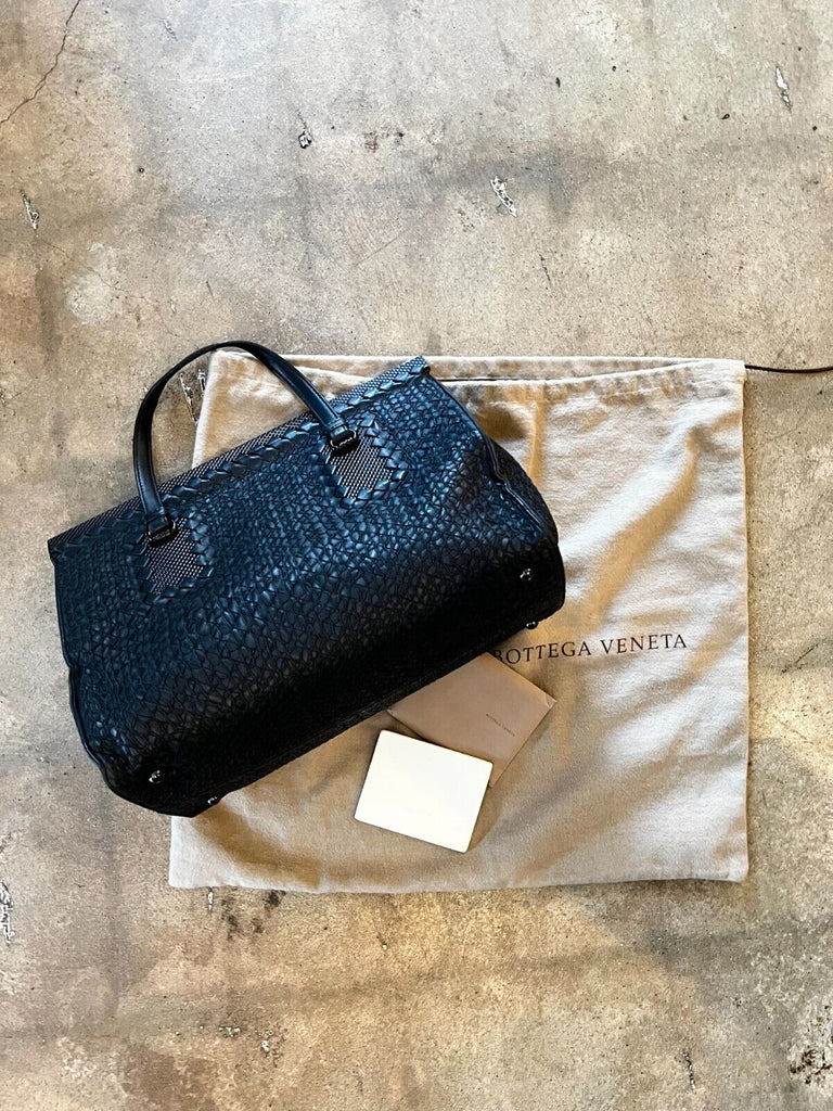 BOTTEGA VENETA Tricot Intrecciato Black Leather Raffia Medium Hand Bag Purse