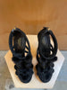 GUCCI Black Suede Mink Fur TStrap Ankle Strappy Platform Stiletto Cage Heel 37.5