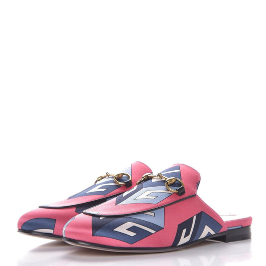 GUCCI	Princetown Pink Geometric Wallpaper Print Satin Flat Slide Mule Shoe 35.5