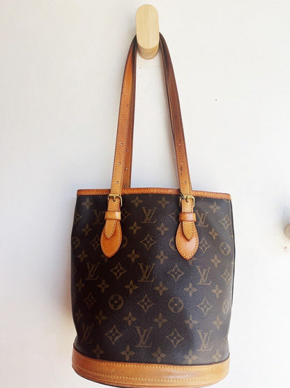 LOUIS VUITTON Petit Bucket Brown Canvas Leather Monogram Shoulder Bag Tote Purse