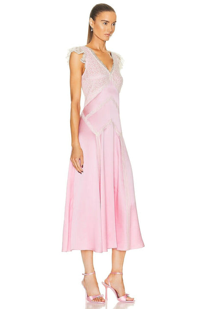 LOVESHACKFANCY $900 Provencia Light Pink White Lace Silk Slip Midi Dress 0