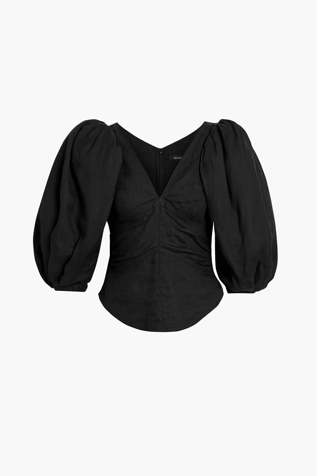 ISABEL MARANT Jaylee Black Gathered Ramie Linen Puff Sleeve Top Blouse 34/2/0