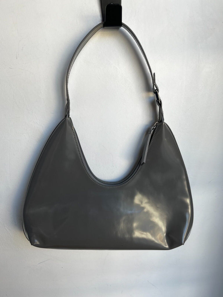 BY FAR Amber Grey Patent Leather Small Zip Hobo Shoulder Bag Purse