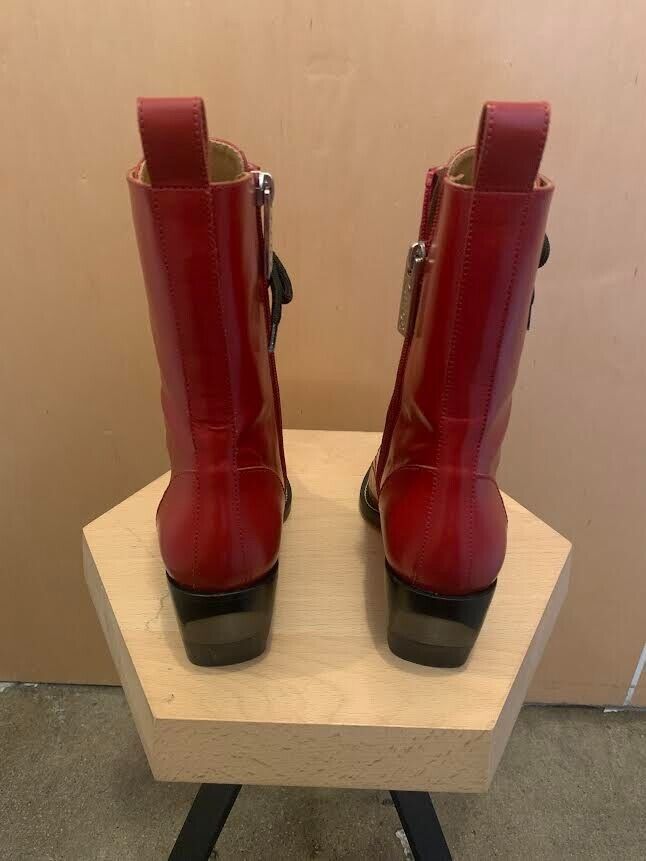 CHLOE Rylee Red Patent Leather Pointed Cuban Heel Lace Up Ankle Boots 36/6/5.5