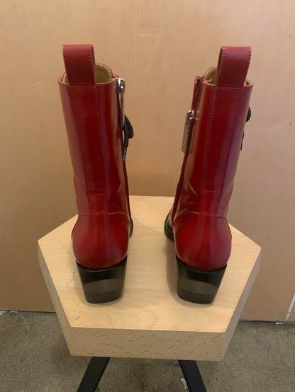 CHLOE Rylee Red Patent Leather Pointed Cuban Heel Lace Up Ankle Boots 36/6/5.5