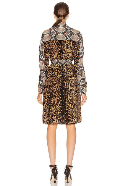 BURBERRY Costanza Brown Snakeskin Leopard Animal Print Silk Belt Shirt Dress 42