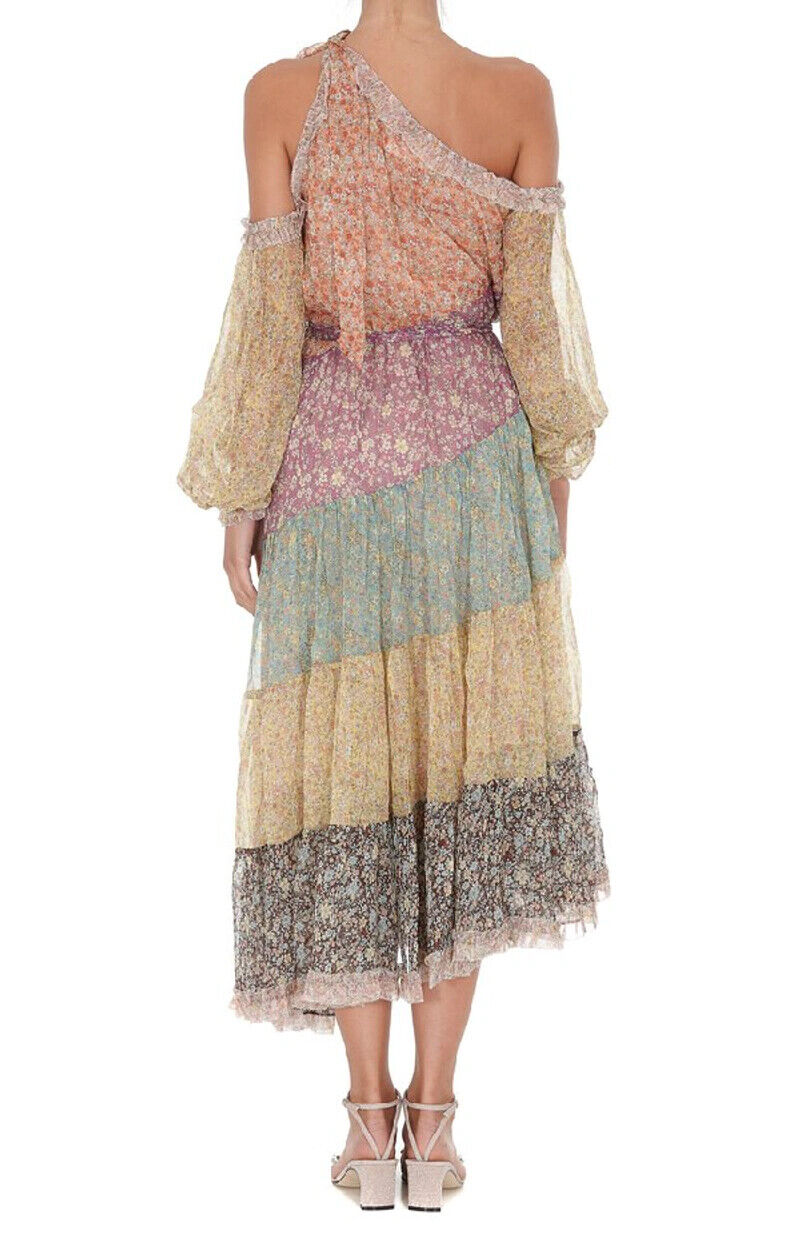ZIMMERMANN NWT Carnaby Frill Swing Floral Print Asymmetric Silk Midi Dress 2/M
