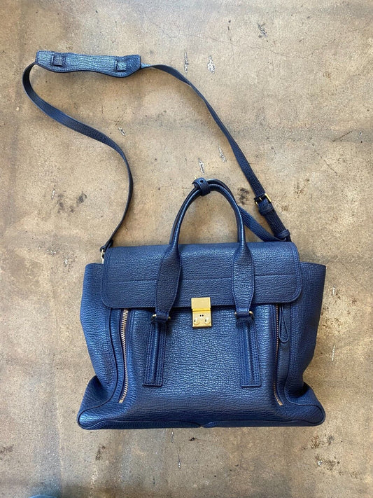 3.1 PHILLIP LIM Pashil Navy Blue Ink Pebbled Leather Large Satchel Bag Purse