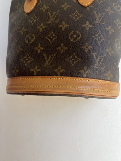 LOUIS VUITTON Petit Bucket Brown Canvas Leather Monogram Shoulder Bag Tote Purse