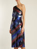 DVF NWT 2200 One Shoulder Bias Cut Striped Sequin Navy Multi Stripe Midi Dress 0